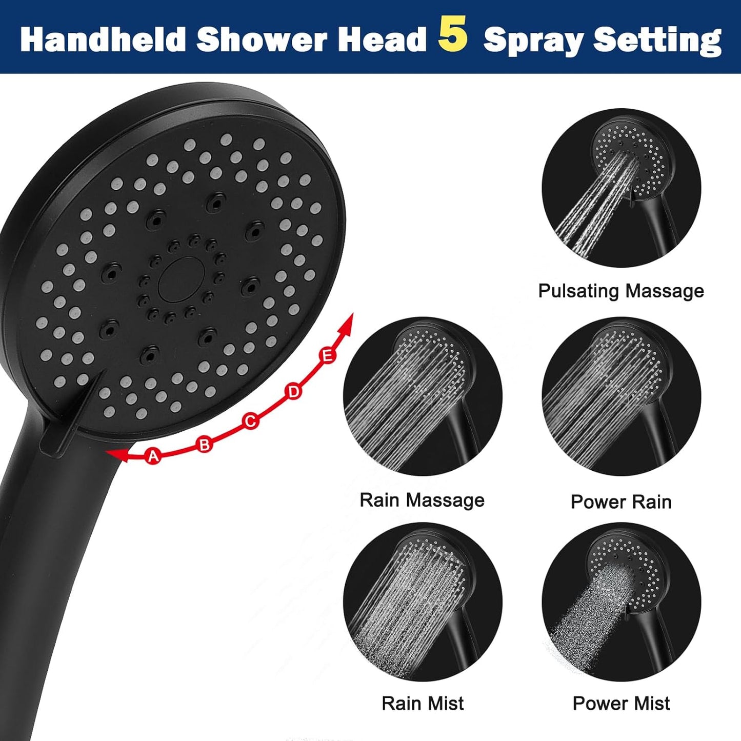 5-Setting High Pressure Handheld Shower Head Combo, Multi-Functions Powerful Spray Handheld Showerhead Combo (With Slide Bar and 60″ Stainless Steel Hose, Matte Black)