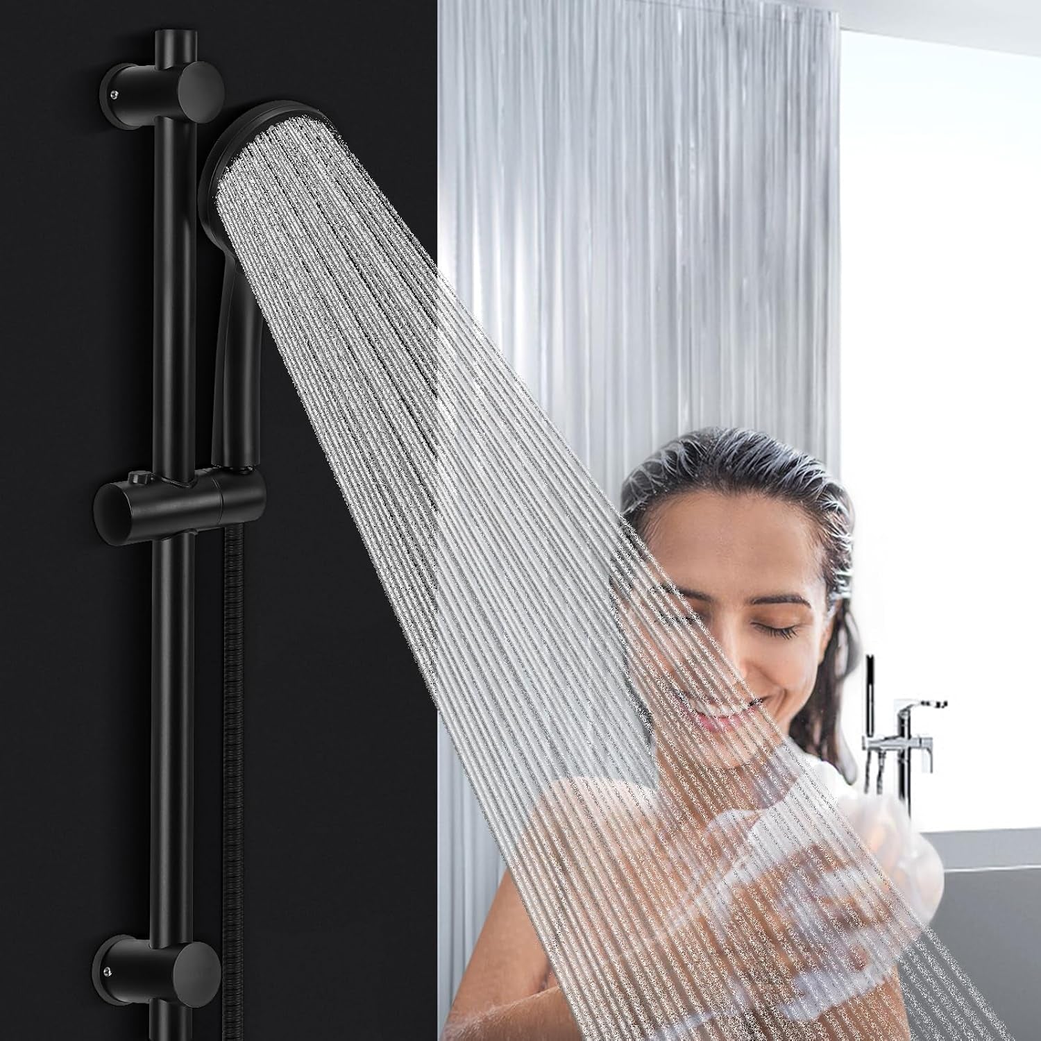 5-Setting High Pressure Handheld Shower Head Combo,  Multi-Functions Powerful Spray Handheld Showerhead Combo (With Slide Bar and 60″ Stainless Steel Hose, Matte Black)