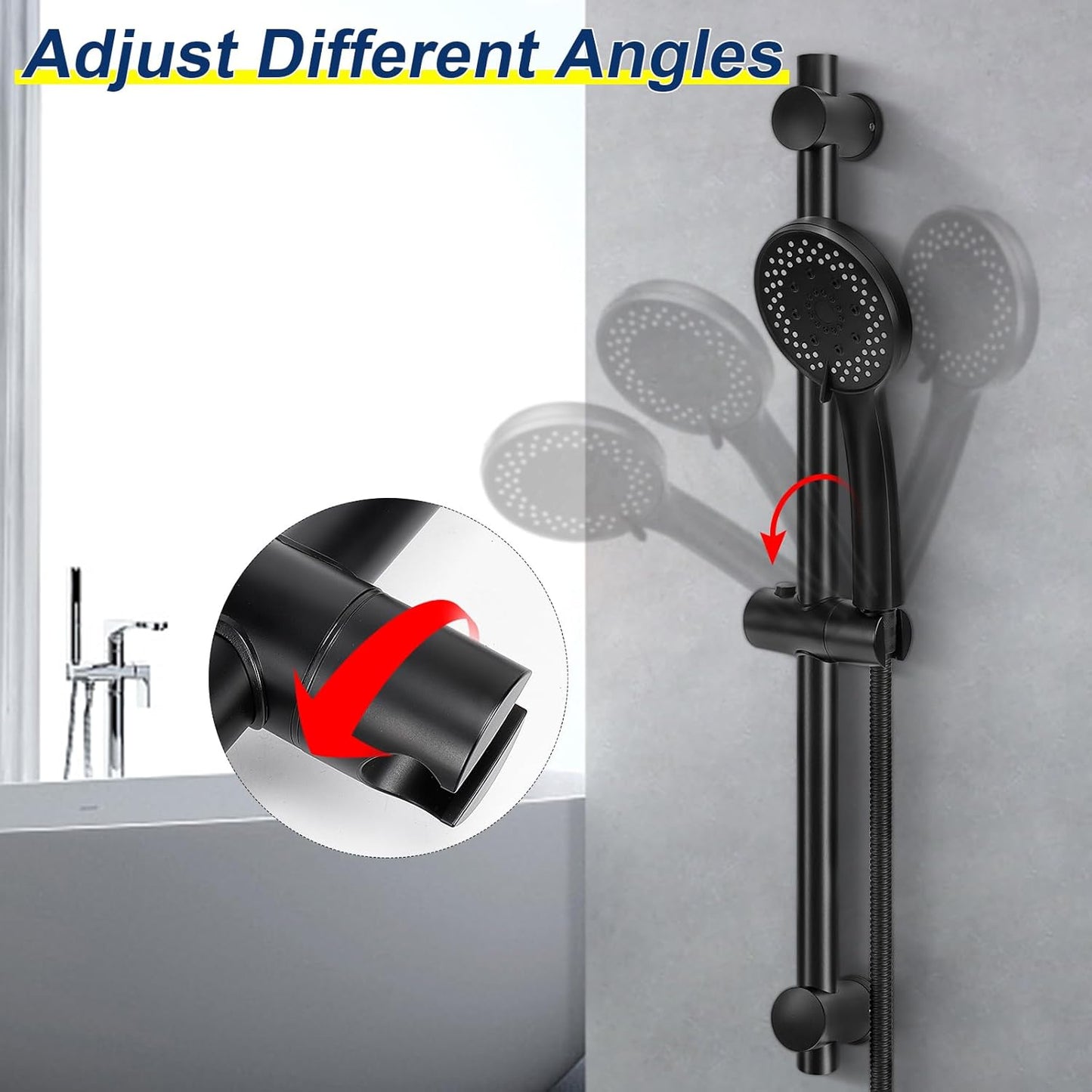 5-Setting High Pressure Handheld Shower Head Combo,  Multi-Functions Powerful Spray Handheld Showerhead Combo (With Slide Bar and 60″ Stainless Steel Hose, Matte Black)