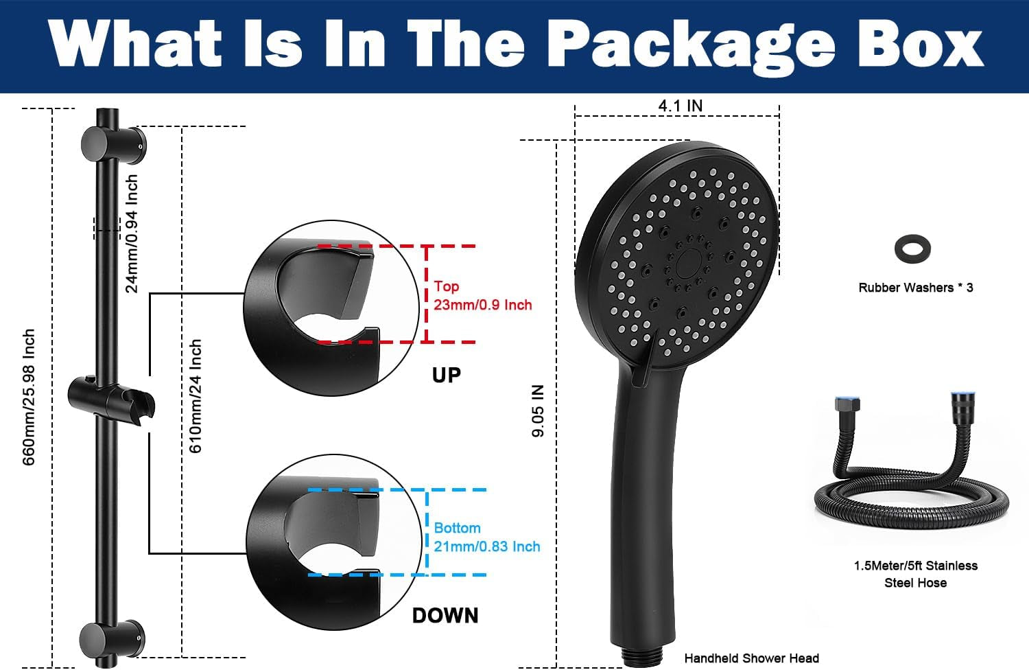 5-Setting High Pressure Handheld Shower Head Combo,  Multi-Functions Powerful Spray Handheld Showerhead Combo (With Slide Bar and 60″ Stainless Steel Hose, Matte Black)